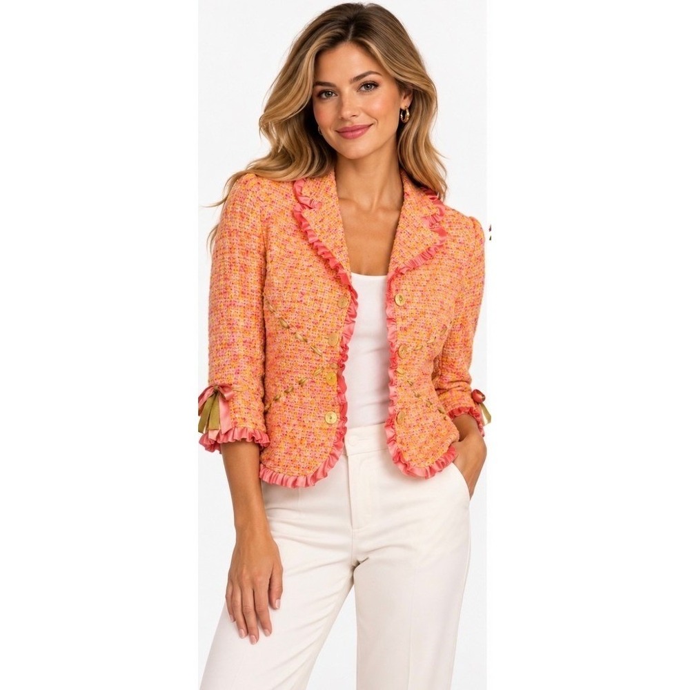 Teri Jon by Rickie Freeman Blazer Jacket 4 Pink Orange Tweed old money preppy